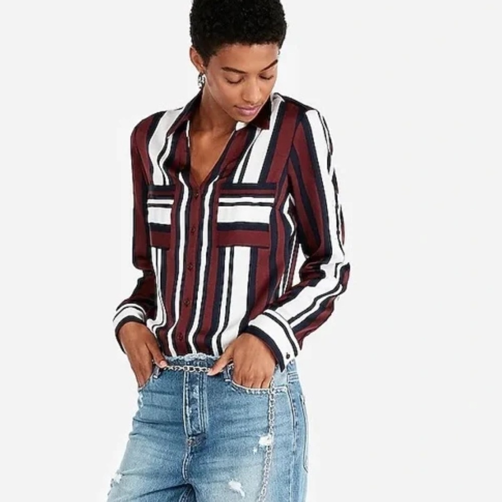 Express Red and White Long Sleeve Button Down Shirt